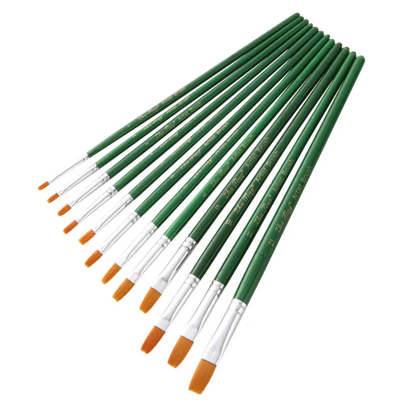 12 PCs Transparent Green Pole Golden Nylon Hair Watercolor Pens Set Art