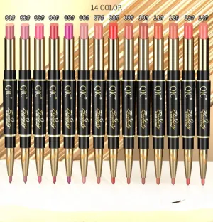 2In1 High-quality Pen Lips Matte Waterproof Long Lasting Permanent Lipstick with A Contour Pencil Makeup Cosmetics Pack of 14 (1 pc each color)