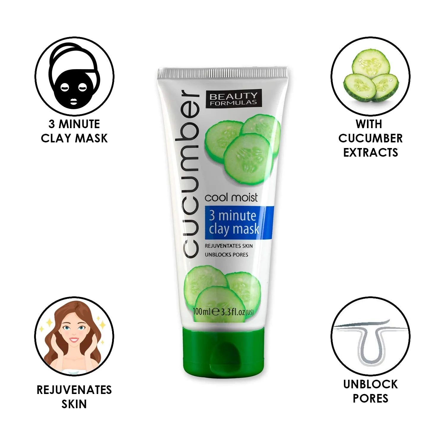 Beauty Formulas Cucumber Cool Moist 3 Min Clay Mask 100ml