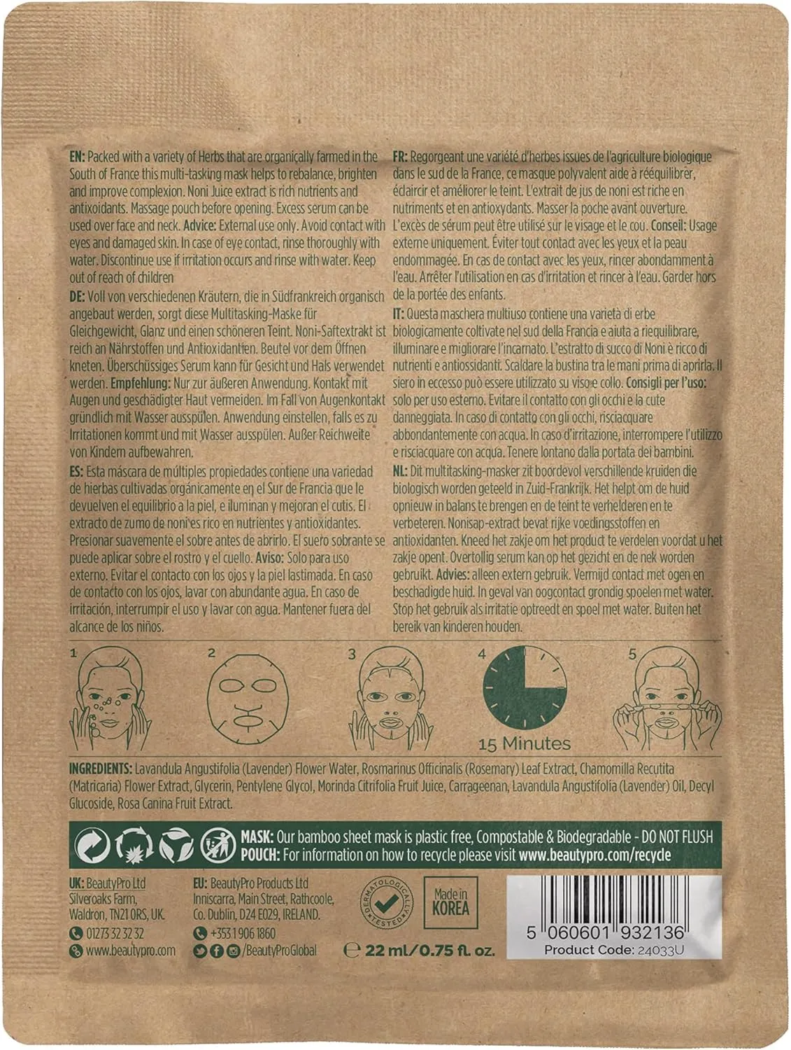 Beauty Pro Plant Based Range Herb Infused Sheet Mask 22ml